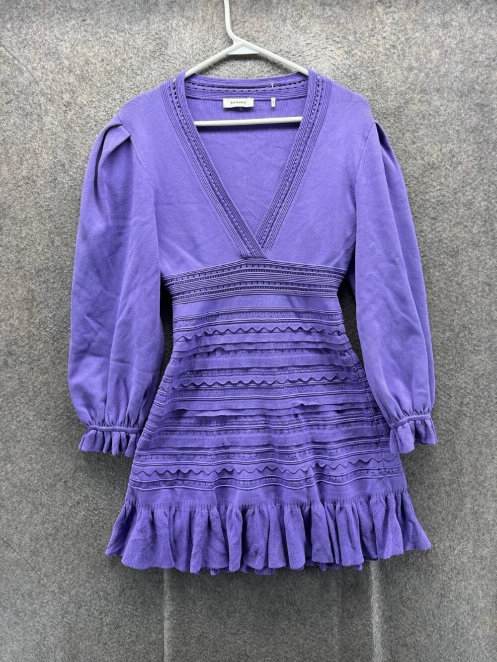 Sandro Dress Womens 1 Purple V Neck Long Puff Sleeve Ruffle Knit Short Mini